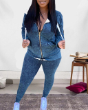 Fashion Women's Personality Printed Zipper Drawstring New Leisure Sports Suit Solid color S-XXL