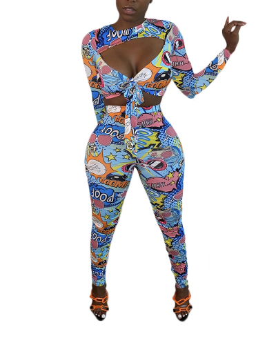 Women Clothing Cartoon Print Pleated Sexy Two-piece Set