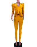 Woman Fashion Halter Puff Sleeve Ruffle Solid Color Two-Piece Set S-XL