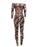 Woman Sexy Leopard Print Drawstring Pleated One Shoulder Jumpsuit S-XL