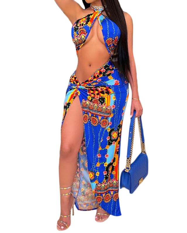Ladies Fashion Hot Sale Irregularly Split Halter Neck Dress Sexy Bohemian Floral Dress S-XL