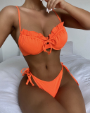 Women Solid Color Tie Side String Lace Two Piece Swimwear Orange Red White S-L 