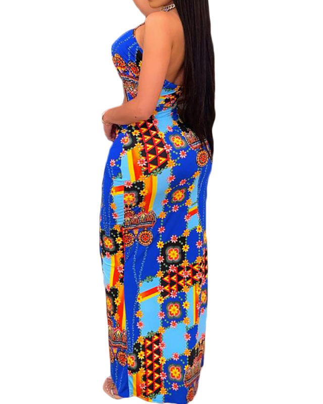 Ladies Fashion Hot Sale Irregularly Split Halter Neck Dress Sexy Bohemian Floral Dress S-XL