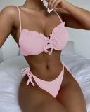Women Solid Color Tie Side String Lace Two Piece Swimwear Orange Red White S-L 