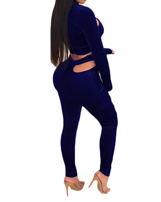 Ladies Fashion Sexy Front Chest Irregular Hollow Deep V Long Sleeve Temperament Set Solid Color S-XXL