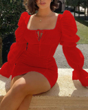 Women Sexy Club Party Wear Long Puff Sleeve Square Collar Fashion Mini Dresses Yellow White Red S-XL
