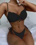 Women Solid Color Tie Side String Lace Two Piece Swimwear Orange Red White S-L 