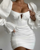 Women Sexy Club Party Wear Long Puff Sleeve Square Collar Fashion Mini Dresses Yellow White Red S-XL