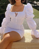 Women Sexy Club Party Wear Long Puff Sleeve Square Collar Fashion Mini Dresses Yellow White Red S-XL