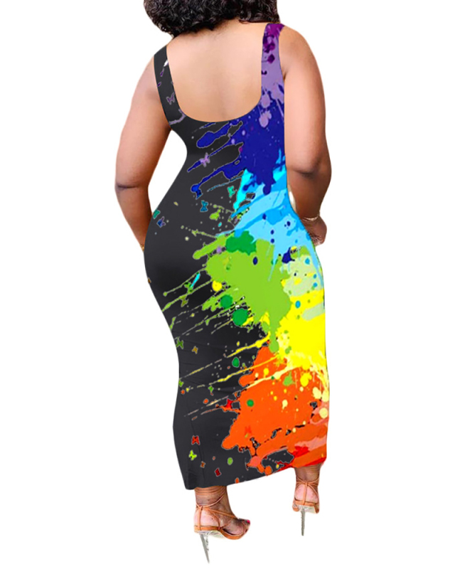 Fashion Women O-neck Sleeveless Graffiti Summer Casual Dresses Black S-2XL