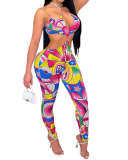 Ladies Fashion New Color Printed Chest Drawstring Camisole Hollow Personalized Lace Two-Piece Set S-XL