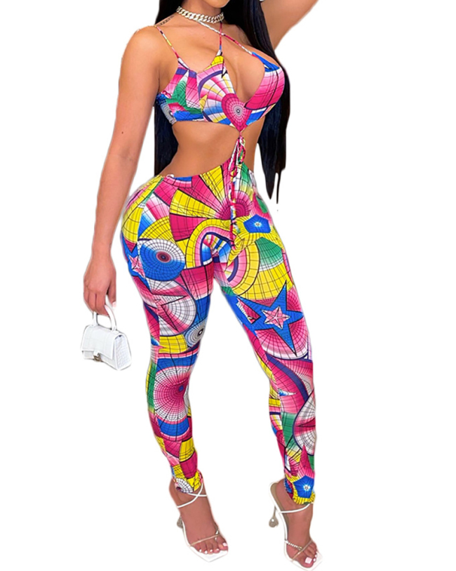 Ladies Fashion New Color Printed Chest Drawstring Camisole Hollow Personalized Lace Two-Piece Set S-XL