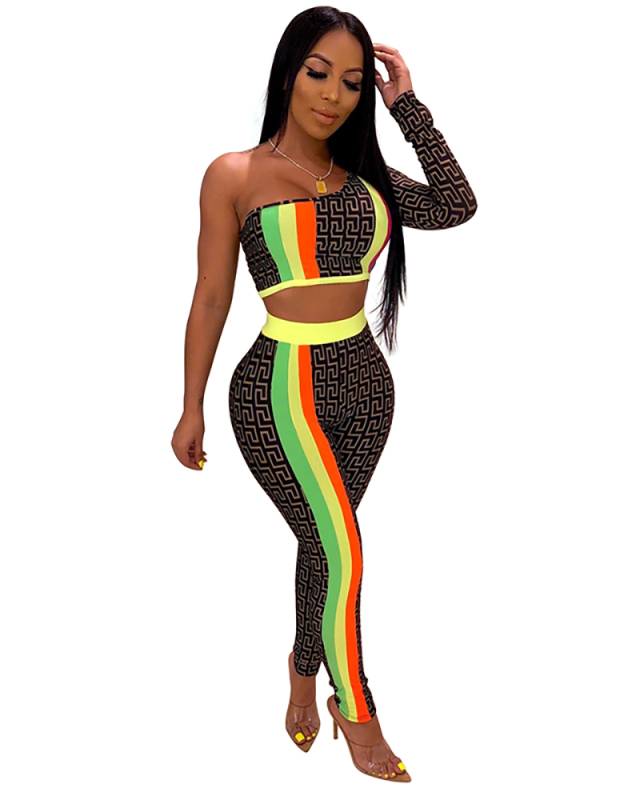 Women Sexy Print Colorblock Slim Two Piece Set S-XL