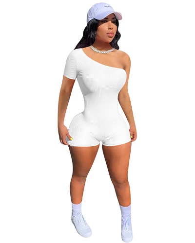 Lady Solid Color One Shoulder Romper White Yellow Red Gray Black Orange S-2XL