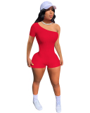 Lady Solid Color One Shoulder Romper White Yellow Red Gray Black Orange S-2XL