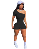 Lady Solid Color One Shoulder Romper White Yellow Red Gray Black Orange S-2XL