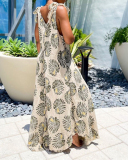 Lady's Stylish Printed V-neck Sleeveless Lace-up Casual Wide Leg Jumpsuit S-XL