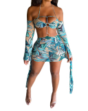 Women Long Sleeve Printed Sexy Hollow Out Mini Dresses Blue Orange S-XL