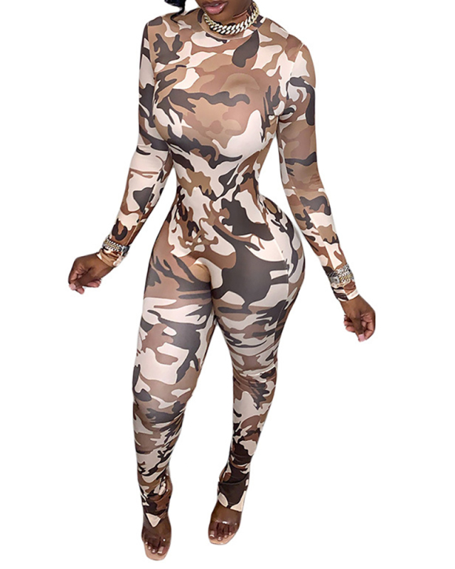 Women's Sexy Camo Printed Hip Lift Split Slim Jumpsuit Multi Color S-XL