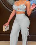 Women's Sexy Solid Color Shell-shaped Top High Waist Lace-up Split Pants Two-piece Set Pants Set Multi Color S-XL