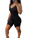 Women Solid Color Strap Backless Summer Wear Rompers Pink Red Black Orange S-XL