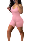 Women Solid Color Strap Backless Summer Wear Rompers Pink Red Black Orange S-XL