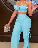 Women's Sexy Solid Color Shell-shaped Top High Waist Lace-up Split Pants Two-piece Set Pants Set Multi Color S-XL