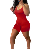 Women Solid Color Strap Backless Summer Wear Rompers Pink Red Black Orange S-XL
