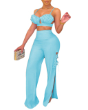 Women's Sexy Solid Color Shell-shaped Top High Waist Lace-up Split Pants Two-piece Set Pants Set Multi Color S-XL