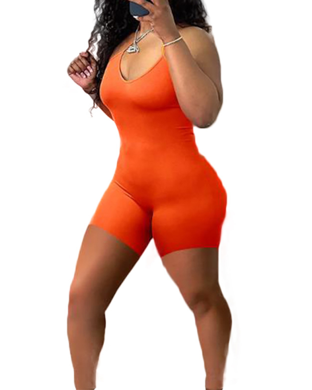 Women Solid Color Strap Backless Summer Wear Rompers Pink Red Black Orange S-XL