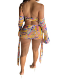 Women Long Sleeve Printed Sexy Hollow Out Mini Dresses Blue Orange S-XL
