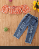 Trendy Girls Pineapple Print Ripped Jeans Off-Shoulder Set