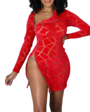 Women Giraffe Pattern Long Sleeve Double Zipper Slit Bodycon Mini Dresses Black Pink Red Blue S-2XL