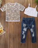 Trendy Girls Pineapple Print Ripped Jeans Off-Shoulder Set