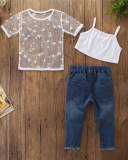 Trendy Girls Pineapple Print Ripped Jeans Off-Shoulder Set