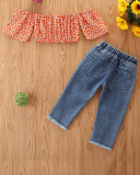 Trendy Girls Pineapple Print Ripped Jeans Off-Shoulder Set