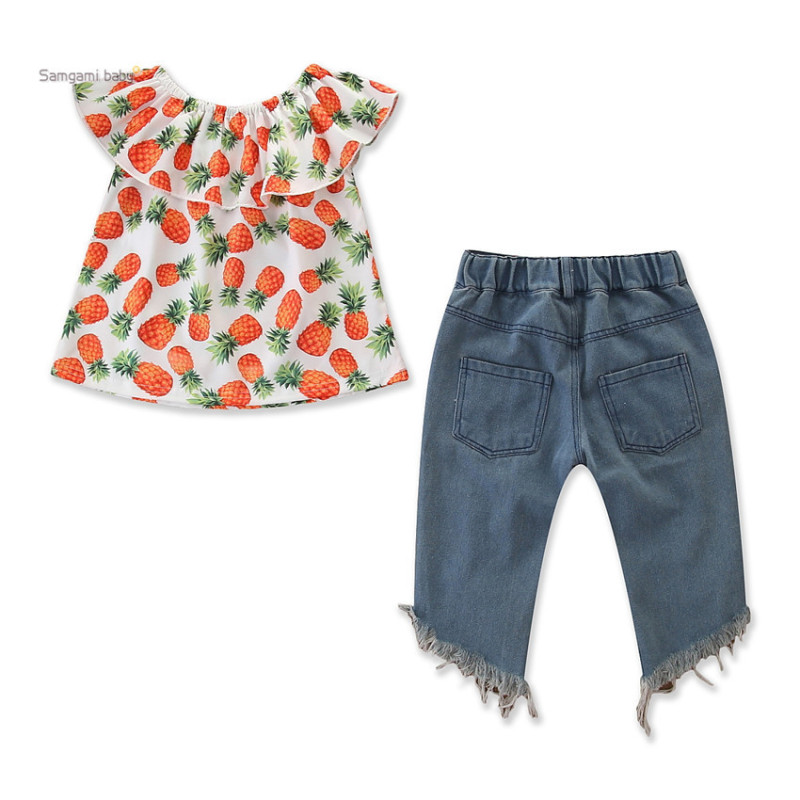Trendy Girls Pineapple Print Ripped Jeans Off-Shoulder Set