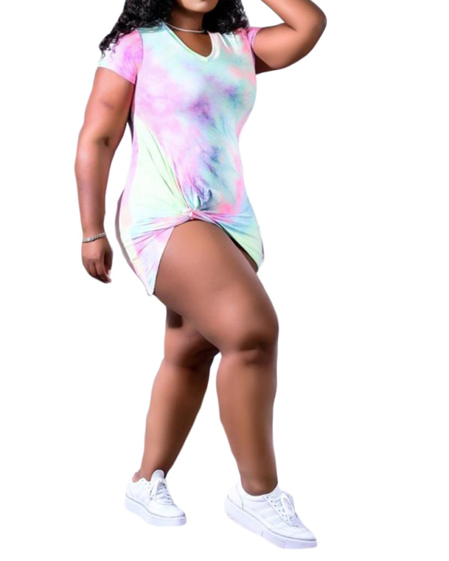 Ladies Fashion New Style Large Size Side Hem Twisted Tie-Dye Printed Bag Butt Sexy Dress S-XXXXL