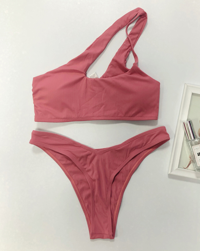 Lady's Sexy Solid Color Inclined Shoulder Swimsuit One-shoulder High Cut Two-piece Swimsuit S-L