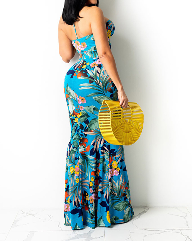 Ladies Hot New Floral Print Front Chest Hollow Sling Sexy Off-the-Shoulder Dress S-XL