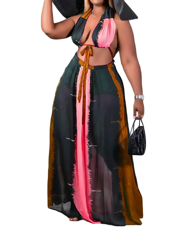 Ladies New Fashion Large Size Mesh Sexy Printed Front Chest Lace Halter Vest Long Skirt Two-Piece Set S-XXXXL