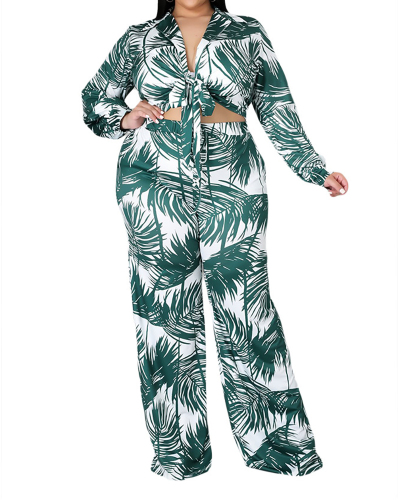 Fashion Long Sleeve Leaf Printed Casual Loose Two Pieces Outfit Pants Sets XL-4XL