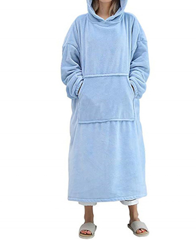 Double-Sided Flannel Extended Hooded Solid Color Pajamas Women's One-Piece Nightdress 