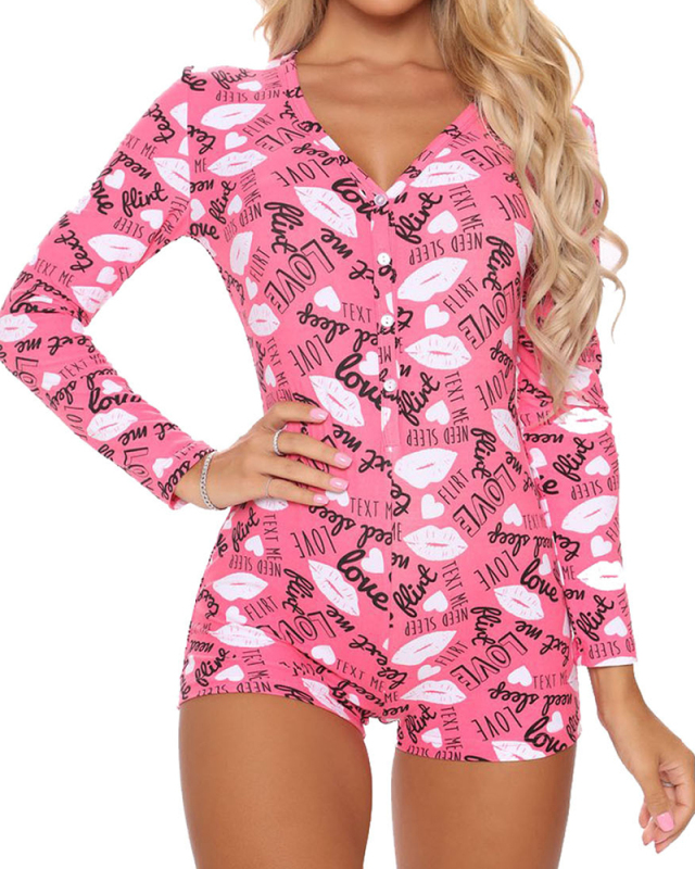 Ladies Sexy V-neck Long Sleeve Shorts One-Piece Comfortable Homewear S-2XL