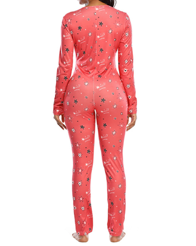 Woman Summer Long-Sleeved Thin Pajamas Deep V-Neck Comfortable Overalls S-2XL