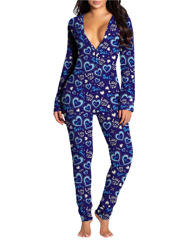 Woman Autumn and Winter New Style Button Flap Printing Long-Sleeved Homewear Jumpsuit S-3XL
