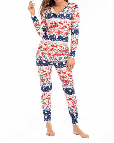 New Christmas Print Jumpsuit Slim Fit Multi-Button Jumpsuit S-2XL