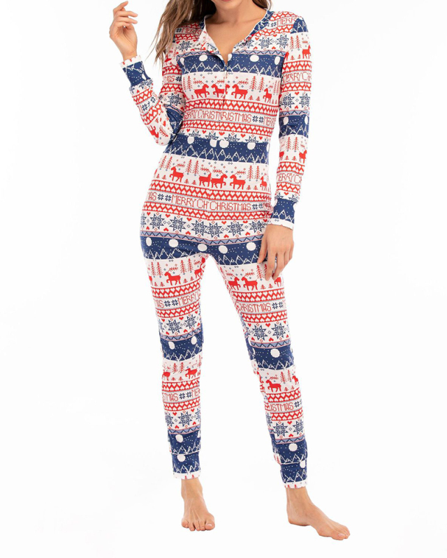 New Christmas Print Jumpsuit Slim Fit Multi-Button Jumpsuit S-2XL