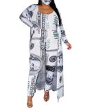 Lady Fashion Dollar Bill Printed Jumpsuit and Cloak Two-Piece Set XL-5XL