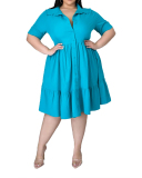 Pure Color Plus Size Ladies Short Sleeve Shirt Dress L-5XL